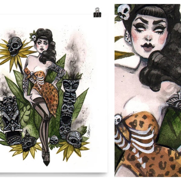 Pin Up Girl Art Cocktail Martini Tiki Nightmare Witchy Macabre Dark Burlesque Art Watercolor Pin-Up Print by Carlations