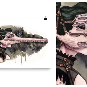 Gothic Crocodile Witch Occult Macabre Animal Skull Mask Watercolor Sketch Art Pin-Up Print Wall Art by Carlations Carla Wyzgala