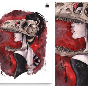 Macabre Lowbrow Art T-Rex Allosaurus Animal Skull Mask Dinosaur Watercolor Pin-Up Print Wall Art Poster by Carlations