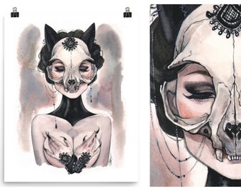 Chat noir, masque de crâne d'animal, décor gothique macabre, affiche d'art mural érotique sorcière, croquis aquarelle, peinture pin-up mascarade, impression pin-up