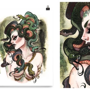Medusa Goddess Greek Mythology Snake Watercolor Sketch Pin Up Art Print by Carlations