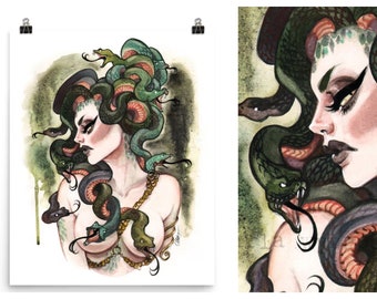 Medusa Goddess Greek Mythology Snake Watercolor Sketch Pin Up Art Print by Carlations