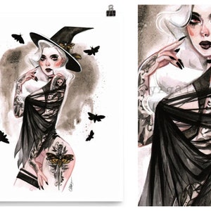 Pin Up Goth Girl Death Moth Witch Skull Watercolor Pin-Up Print by Carlations