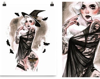 Pin Up Goth Girl Death Moth Witch Skull Watercolor Pin-Up Print by Carlations