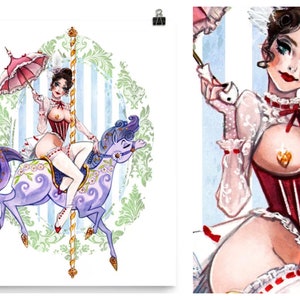 Pin Up Girl Sexy Art Poster Mary Poppins Boudoir Burlesque Carousel Watercolor Pin-Up Print by Carlations