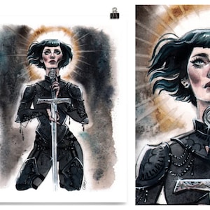 Joan of Arc Medieval Sword Watercolor Pin-up Print by Carlations Carla Wyzgala