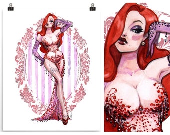 Pin up boudoir showgirl burlesque Jessica aquarelle croquis pin up impression d'art par Carlations Carla Wyzgala