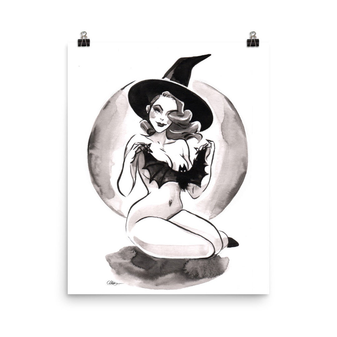 Vintage Nude Witch Pin up Art Bat Spooky Burlesque Inktober Kink Pin-up Art Print by Carlations