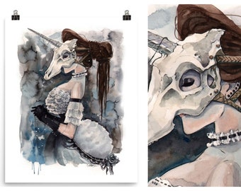 Unicorn Skull Mask Art Print: Macabre Victorian Pin-Up Watercolor
