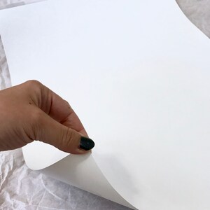 May include: A hand lifting a corner of a blank, white sheet of paper, revealing the underside. The paper is smooth and bright, with a slight curve where it is being lifted. The background is a textured, off-white surface.