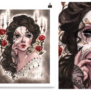 Literarische Kunst Phantom der Oper Maskerade Aquarell Skizze Pin-Up Druck von Carlations Bild 1