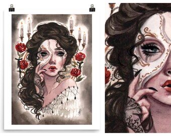 Literary Art Phantom of the Opera Masquerade Watercolor Sketch Pin-Up Print by Carlations