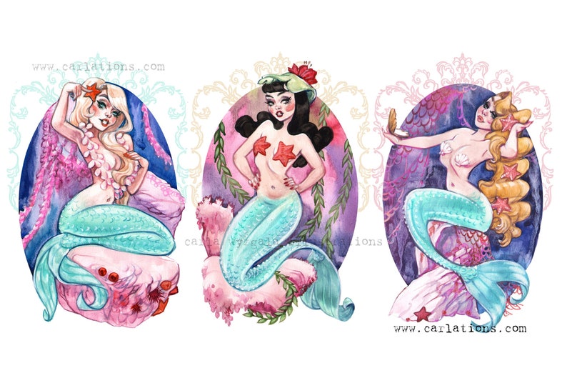 Pin Up Art Mermaid Lagoon Watercolor Sketch Painting Pin-up Print by Carlations Carla Wyzgala image 4