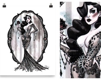 Pin Up Burlesque Boudoir Morticia Spooky Family Gothic Aquarelle Pin-Up Print par Carlations