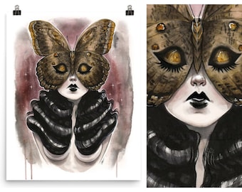 Whimsigoth Spooky Owl Butterfly Pin Up Occult Gothic Moth Witchy Mythology Watercolor Art Poster Pin-Up Print by Carlations