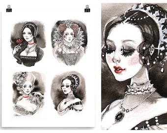 Dead Queens Victoria Anne Boleyn Elizabeth Marie-Antoinette littéraire Portrait gothique victorien livresque Croquis à l'encre Impression pin-up par Carlations