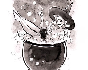 Witch Bubble Bath Gothic Home Decor Spooky Art Halloween Pin-Up Art Print by Carlations Carla Wyzgala