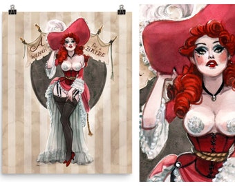 Pin Up Burlesque Redd Pirates Wench Bride Vintage Watercolor Pin-Up Print by Carlations Carla Wyzgala