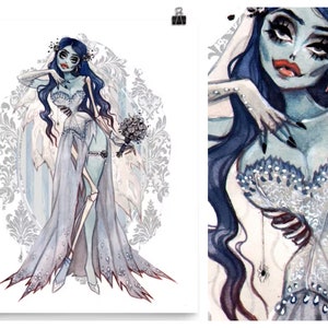 Pin Up Boudoir Corpse Bride Zombie Watercolor Pin-Up Print by Carlations Carla Wyzgala