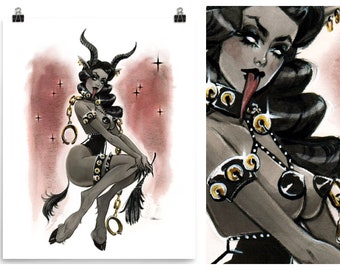 Pin Up Girl Art Sexy Kinky Krampus Christmas Holiday Witchy Macabre Dark Burlesque Art Watercolor Pin-Up Print by Carlations