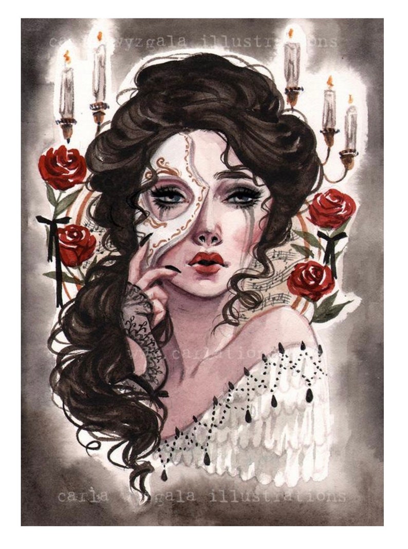 Literarische Kunst Phantom der Oper Maskerade Aquarell Skizze Pin-Up Druck von Carlations Bild 3