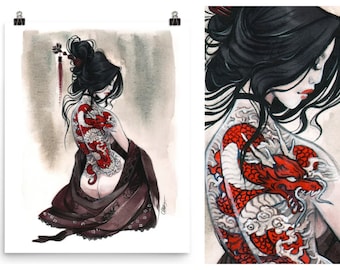 Year of the Dragon tattoo Geisha Pin Up watercolor Giclee Art print by Carla Wyzgala Carlations