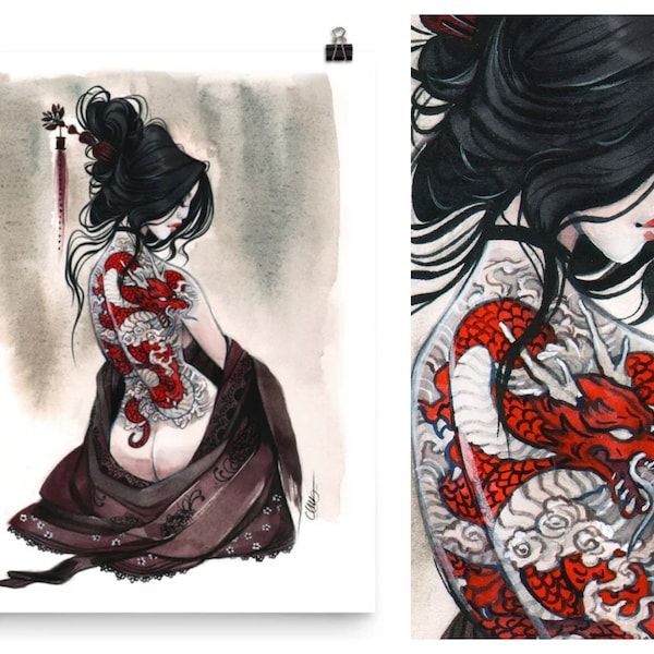 Año del tatuaje del Dragón Geisha Pin Up acuarela Giclee Art print por Carla Wyzgala Carlations