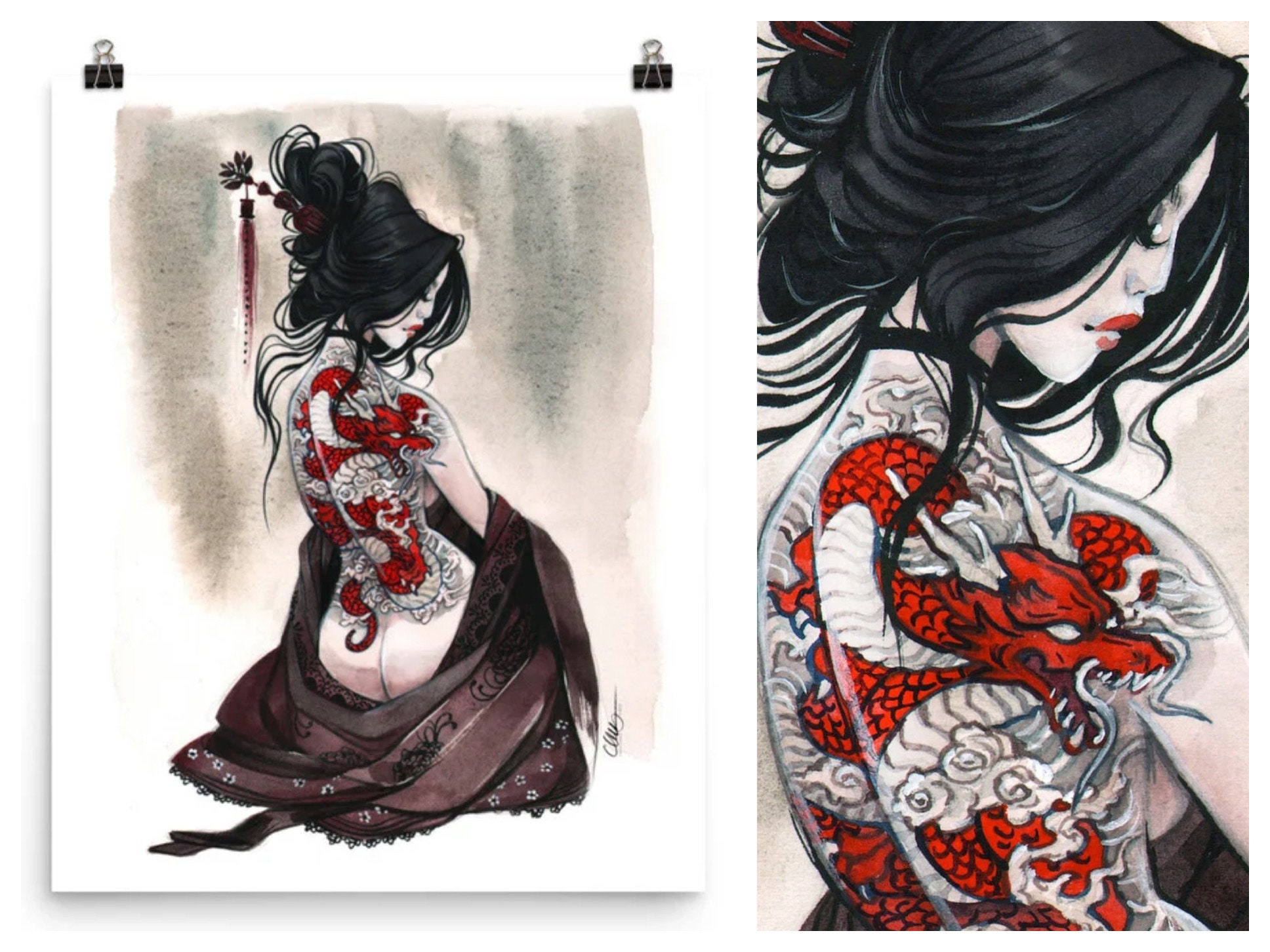 Dragon Tattoo Geisha: Gothic Pin-Up Watercolor Art Print