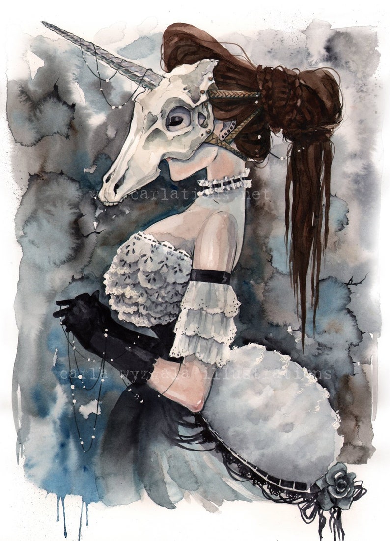 Unicorn Animal Skull Mask Masquerade Macabre Portrait Victorian Watercolor Sketch Pin-Up Print Art by Carlations Carla Wyzgala image 3