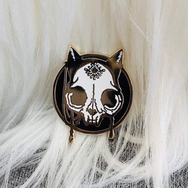 Black Cat Skull Enamel Pin by Carlations