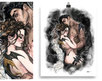 May include: A watercolor painting of a couple embracing. The woman has long white hair and a black and gold wing tattoo. The man has dark hair and tattoos on his arms and chest. The background is a dark gray wash.