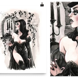 Pin Up Gothic Black Magic Witch Mystical Spooky pinup  Watercolor Pin-up Print by Carlations