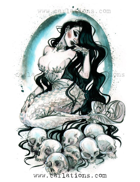 Skull Moon Goth Pin Up Girl Mermaid watercolor painting Giclee Etsy