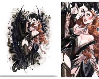 ACOTAR Feysand, conte de fées gothique macabre, affiche d'art mural érotique sorcière, croquis aquarelle, peinture pin-up, impression pin-up