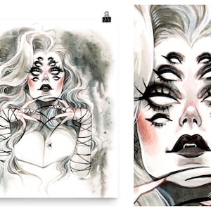 Spooky Pin Up Occult Sexy Arachne Spider Witchy Greek Mythology Watercolor Pin-Up Print by Carlations