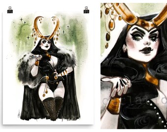 Pin Up Villains Lady Loki Norse Mythology Watercolor Pin-Up Art Print by Carlations