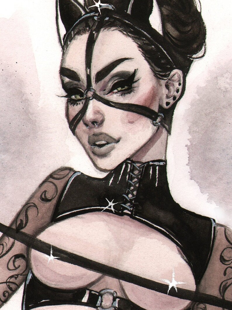 May include: Watercolour illustration of a person in a black cat-ear headpiece and matching harness. The artwork features detailed facial features, including dark eye makeup and a nose ring. The person is wearing a black top with a lace-up front.