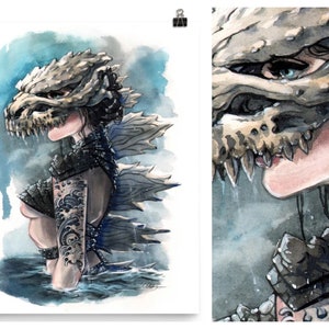 Godzilla Animal Skull Mask Masquerade Japanese Anime Art Painting Watercolor Pin-Up Print by Carlations