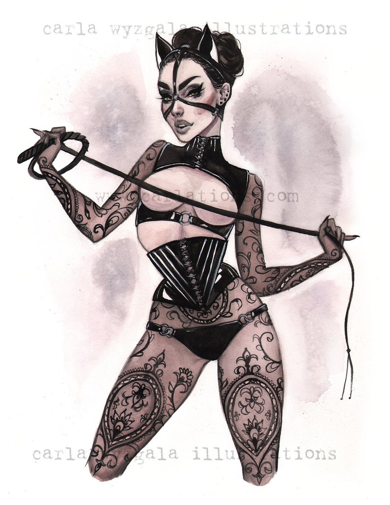 May include: Watercolour illustration of a woman in black lingerie, a cat-ear headband, and a mask, holding a whip. The artwork features intricate floral tattoos and the text "carla wyzgal illustrations" and "carla wyzgal illustrations" in the image.