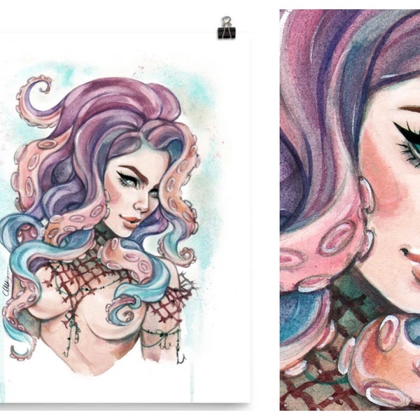 Pin Up Mermaid Lovecraft Kraken Goddess Greek Mythology Siren Watercolor Pin-Up Print by Carlations Carla Wyzgala