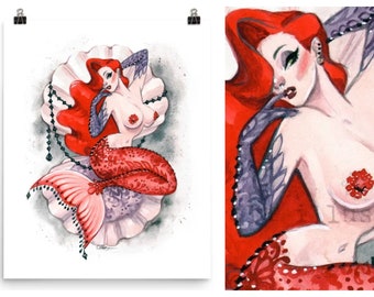 Pin Up Jessica Mermaid Burlesque Art Watercolor Sketch Pin-Up Print by Carlations