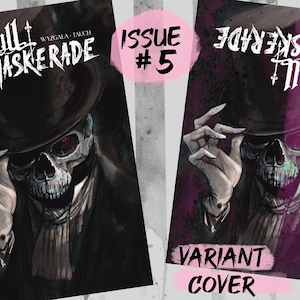 以下が含まれることがあります： Skull Maskerade第5号のコミックブックカバー2種。左側のカバーは、シルクハットとスーツを身に着けた骸骨の暗いイラスト。右側のカバーは、同じキャラクターが描かれた紫色のバリアントカバーで、Variant Coverという文字が記されている。