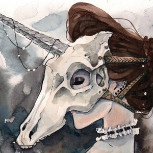 Unicorn Animal Skull Mask Masquerade Macabre Portrait Victorian Watercolor Sketch Pin-Up Print Art by Carlations Carla Wyzgala image 4