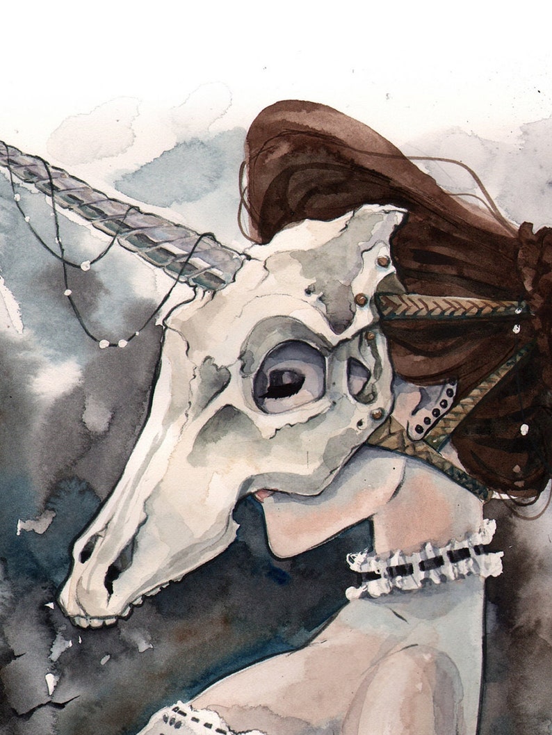 Unicorn Animal Skull Mask Masquerade Macabre Portrait Victorian Watercolor Sketch Pin-Up Print Art by Carlations Carla Wyzgala image 4