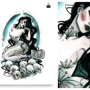 Pin Up Mermaid Wall Art Gothic Skull Siren Moon Goddess Mermaid Watercolor Pin-Up Print by Carlations