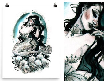Gothic Mermaid Art Print: Skull Siren Watercolor Pin-Up