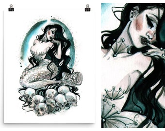 Pin Up Mermaid Wall Art Gothic Skull Siren Moon Goddess Mermaid Watercolor Pin-Up Print by Carlations