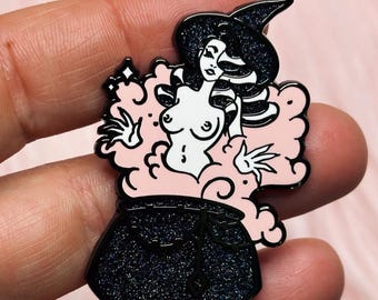 Nude Witchy in Cauldron Glitter Halloween Spooky Burlesque Enamel Pin by Carlations