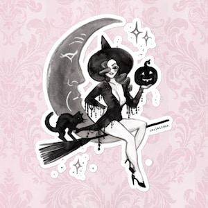 Witch on Broom Vinyl Sticker: Spooky Black Cat & Pumpkin Art