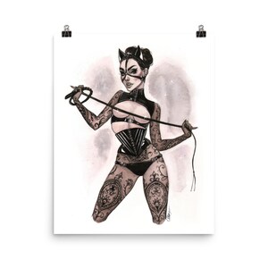 Pin Up Erotic Wall Art Kink Bondage Latex Lingerie Boudoir Cat Siren Burlesque Art Watercolor Pin-Up Print by Carlations image 2